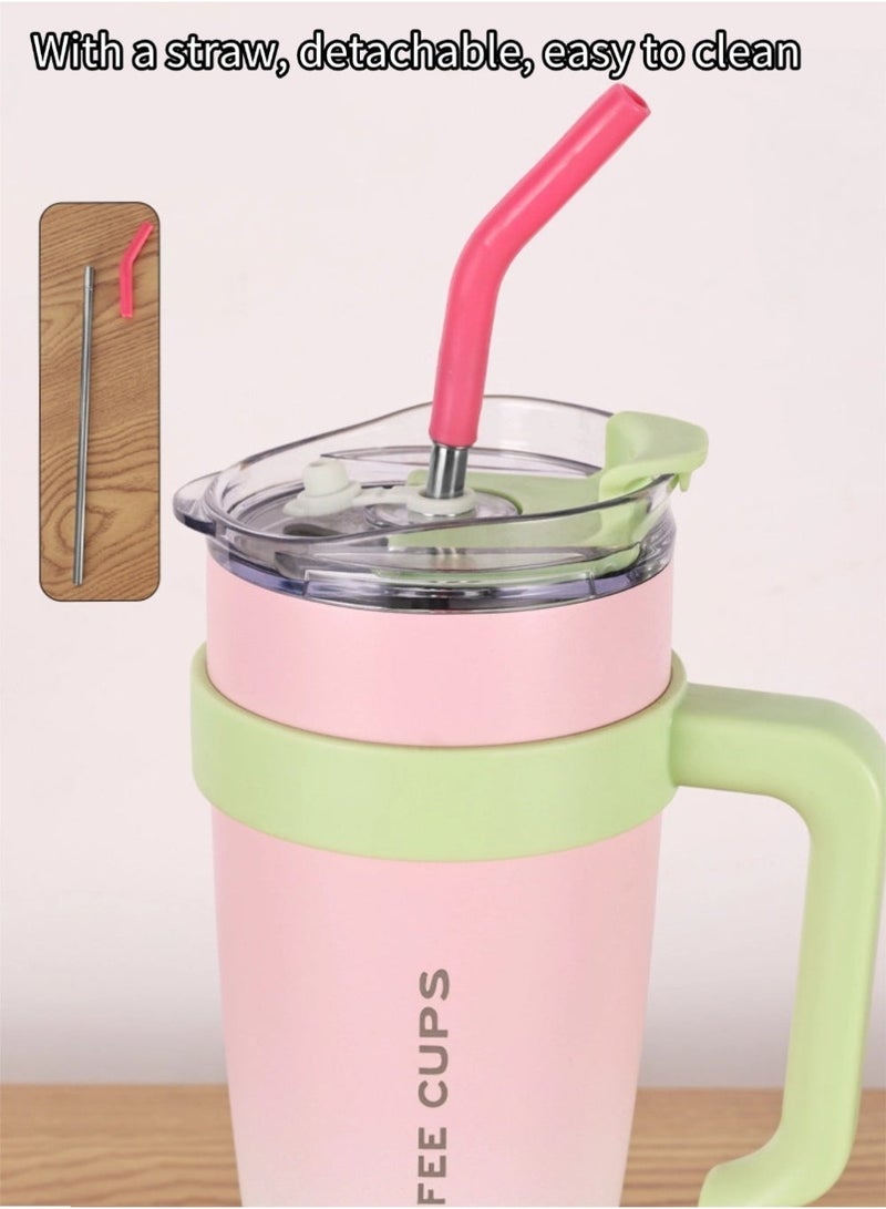 كوب بسعة 1200 مل مع مقبض وغطاء بمصاصة معزول بسعة 40 أونصة زجاجة ماء قابلة لإعادة الاستخدام من الفولاذ المقاوم للصدأ المعزولة بالفراغ كوب للسفر قهوة مثلجة للمشروبات الساخنة والباردة - Image 3